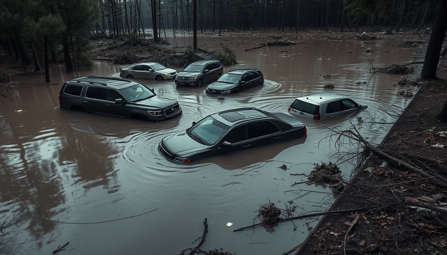 Aftermath of Texas floods with submerged vehicles and debris.