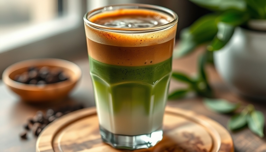 Layered matcha coffee latte in glass on wooden board.