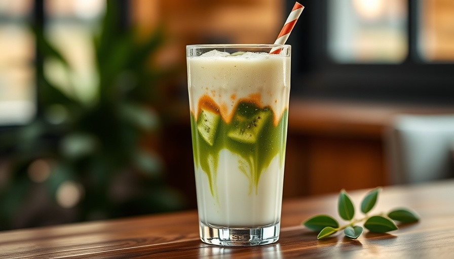 Aesthetic iced matcha coffee latte with bamboo straw