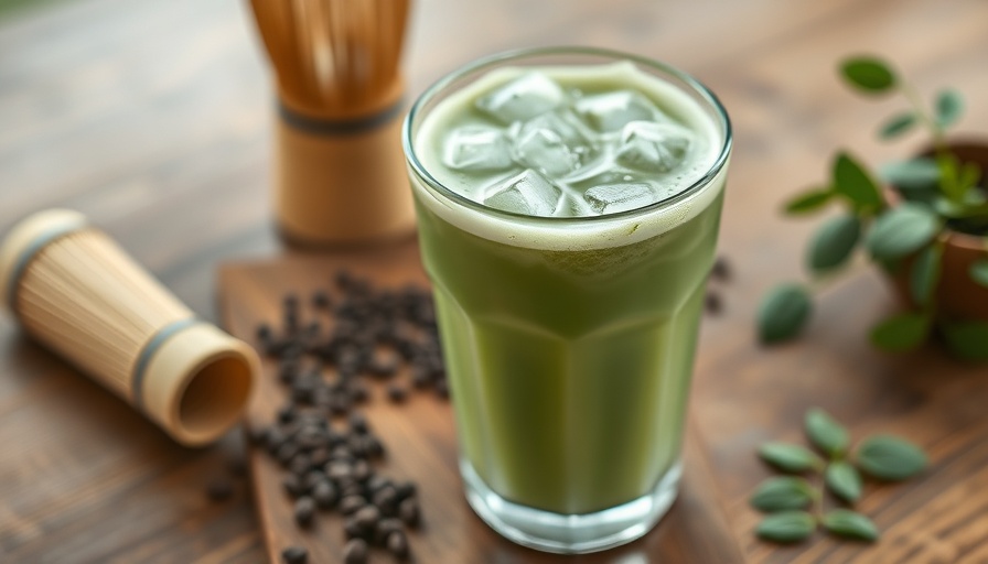 Iced matcha coffee latte in layered glass on wooden board.