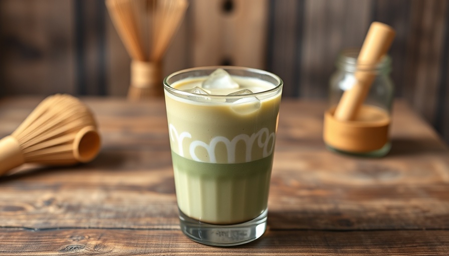 Layered Matcha Coffee Latte on wooden table, warm tones, natural lighting.