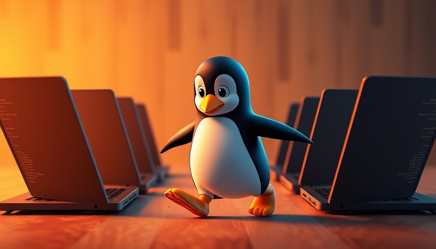 Ways Ubuntu Changed My PC: Cartoon penguin between laptops, dynamic illustration.
