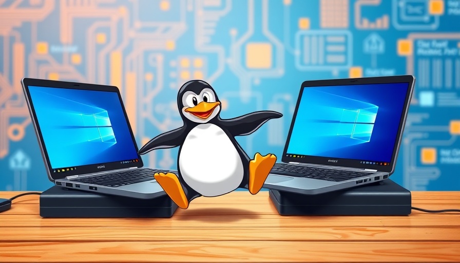 Cartoon penguin with laptops, symbolizing Ubuntu's impact on PC experience.
