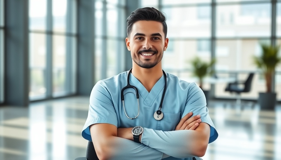 AI pin technology on a confident professional in scrubs