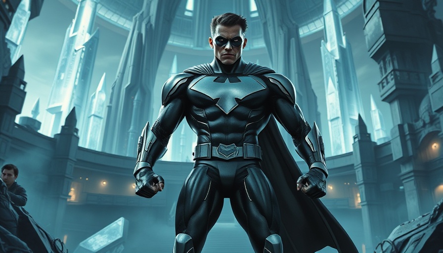 Superhero standing in a fortress, dramatic cool lighting.