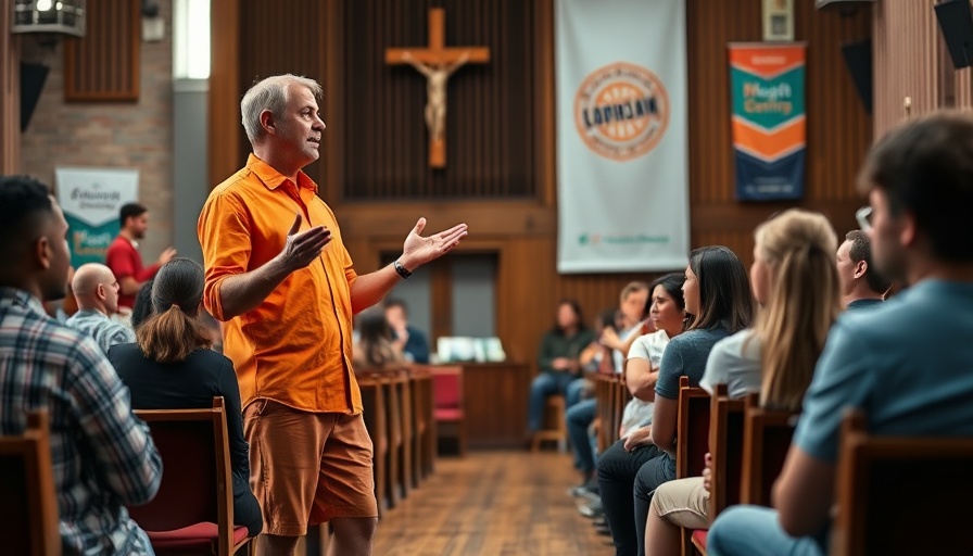 Presenter speaking at Walton Church with Fruit of the Spirit goodness.