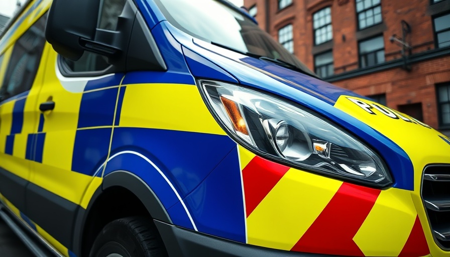 Dumfries Police car close-up highlighting blue and yellow colors