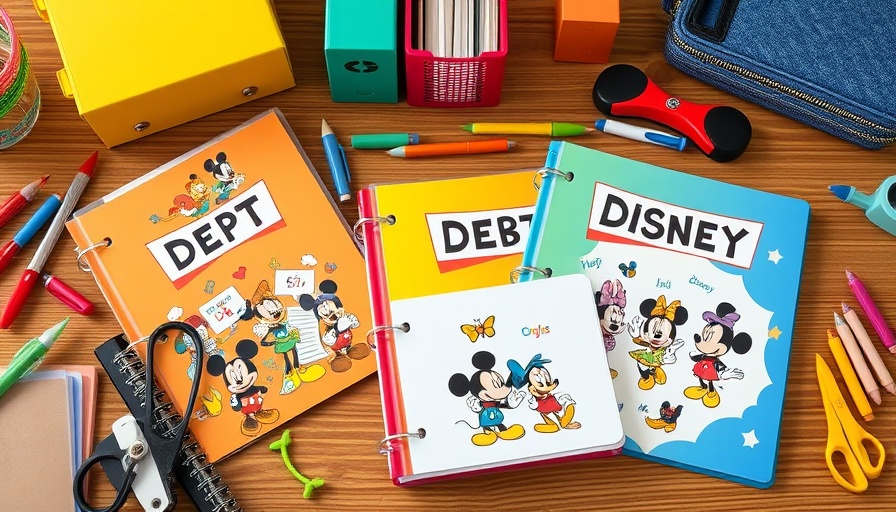 Colorful Disney-themed debt binder savings setup on table.