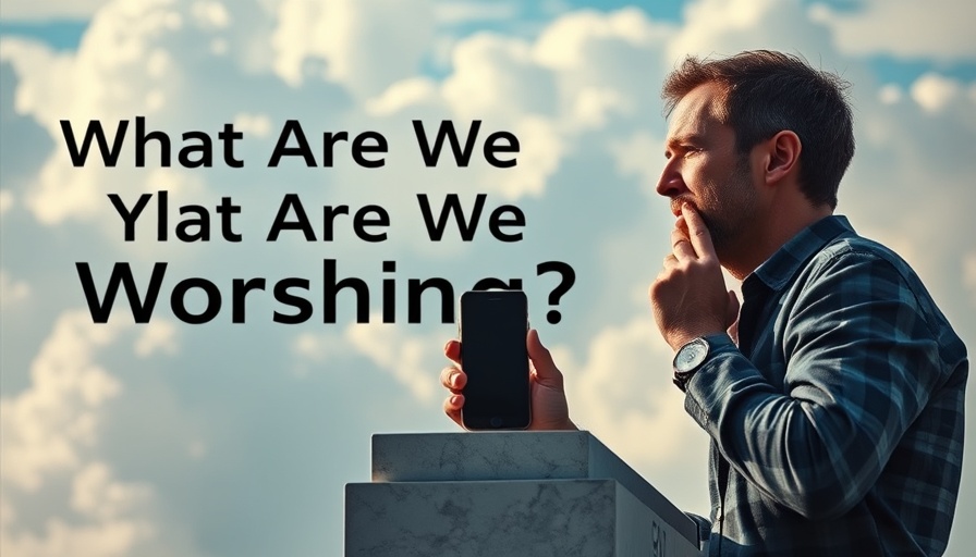 Modern worship concept: smartphone on pedestal against cloudy sky.