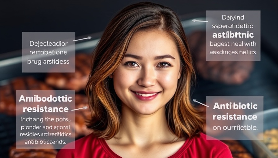 Young woman with text about drug residues in meat and antibiotic resistance.