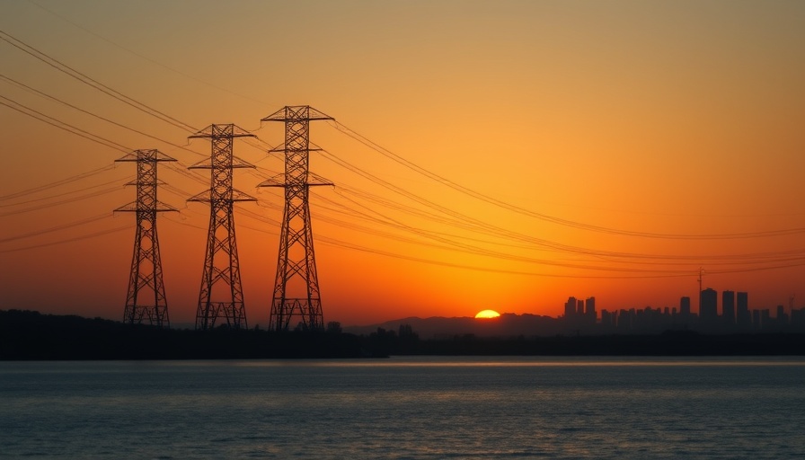 Silhouetted power lines against California sunset, reflecting on water.