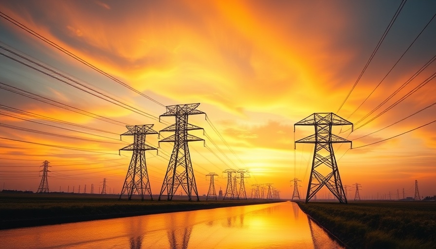Power transmission towers at sunset reflecting on a canal.