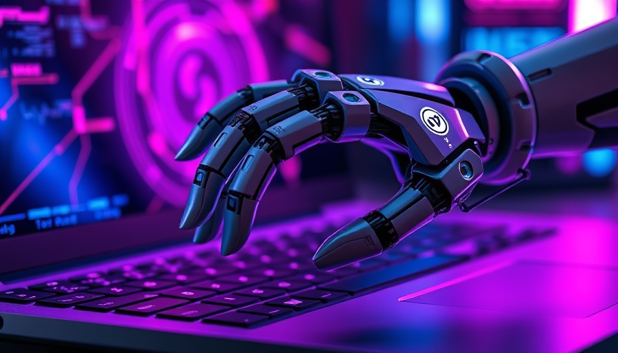 Robotic hand over Meta logo on keyboard in neon light, highlighting AI technology.