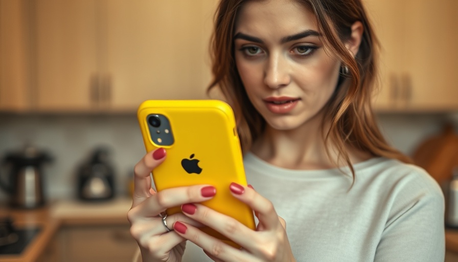 Woman inspecting a phone case in a kitchen, charity shop mystery boxes theme.