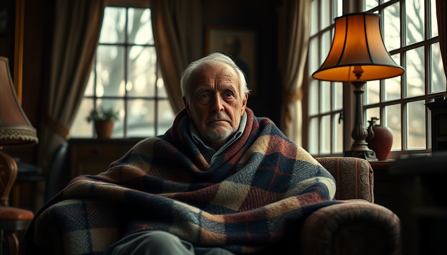 Older man wrapped in a blanket looking somber in a cozy room, reflecting climate fanaticism impact.