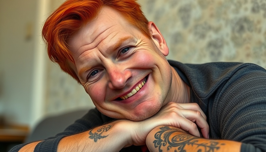 Smiling person with red hair and tattoo in relaxed indoor setting.