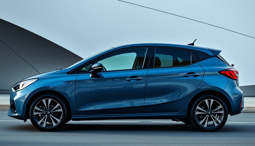 Sleek modern compact luxury sedan in metallic blue against urban backdrop.