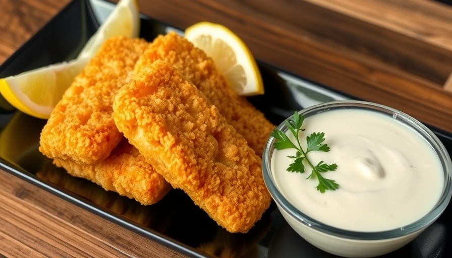 Tyler Smith's Homemade Fish Sticks with lemon and sauce on a black plate.