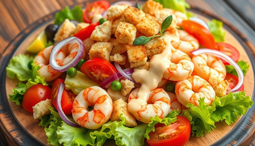 Fresh shrimp salad with croutons and dressing, showcasing foods most likely to cause food poisoning.