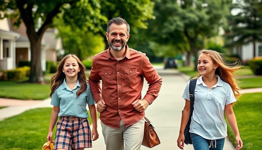 Father and daughters walk down suburban street due to primary schools closure Dumfries.
