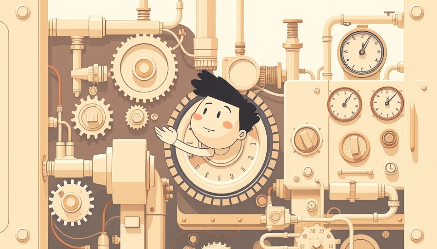 Whimsical illustration of AI automation in small business with gears and pipes.