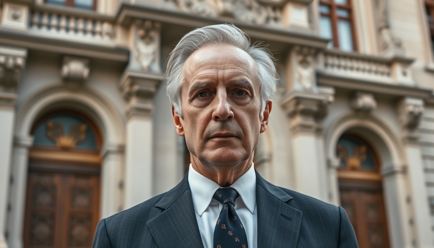 JPMorgan's entry into stablecoins, distinguished older man in formal suit outside ornate building.