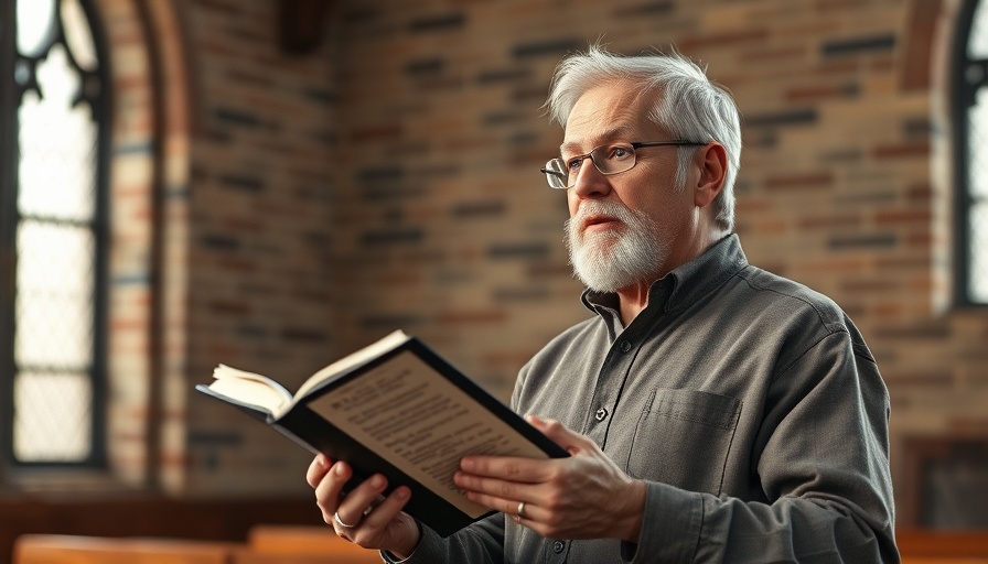 Man teaching about Kingdom of God, church setting, holding book.