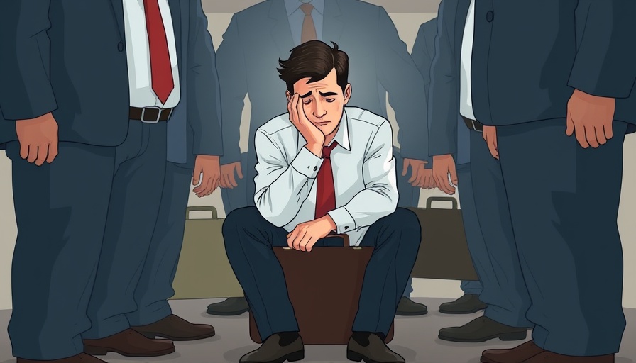 Illustration of workplace mental health challenges with person sitting amid large figures.