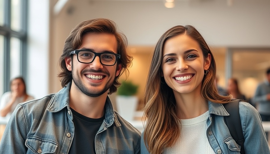 Two people smiling indoors, engaging expressions.
