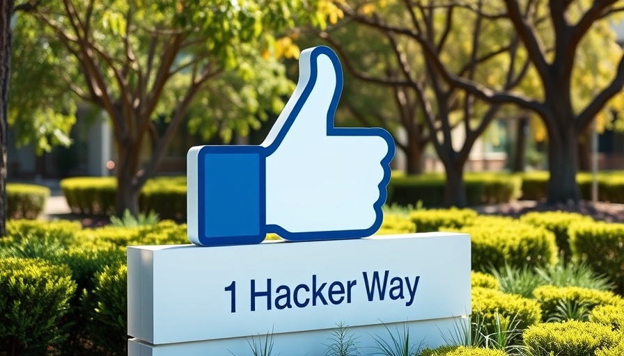 Facebook sign at 1 Hacker Way with thumbs-up logo and green leaves.