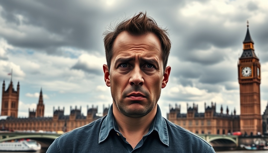 Concerned man stands against cloudy London sky, symbolizing UK economy struggles.
