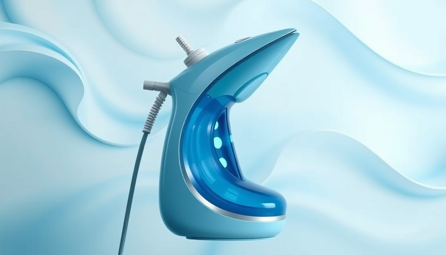 Sleek blue Aldi clothes steamer against pastel background