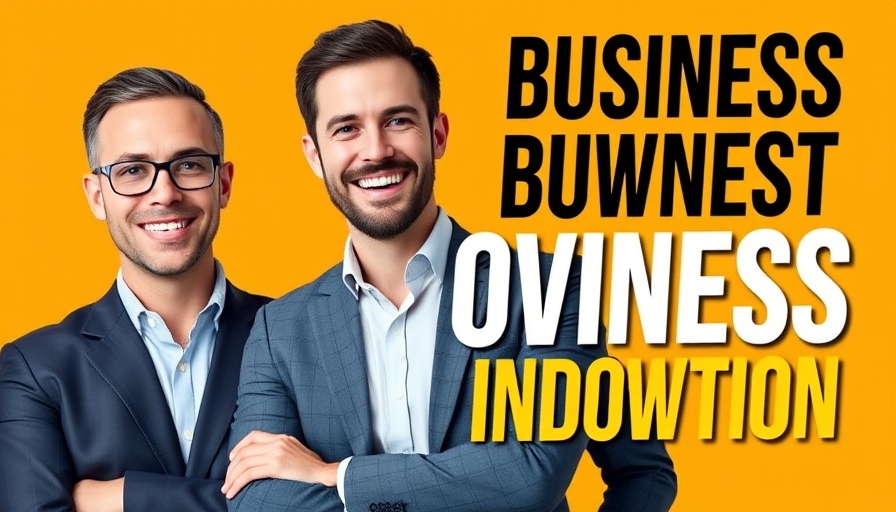 Promotional graphic with two men representing hands-on leadership in business growth, vibrant background.