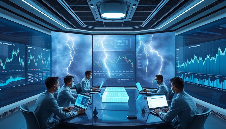 Professionals analyzing tech stock graphs in a futuristic setting, tech spending uncertainty.