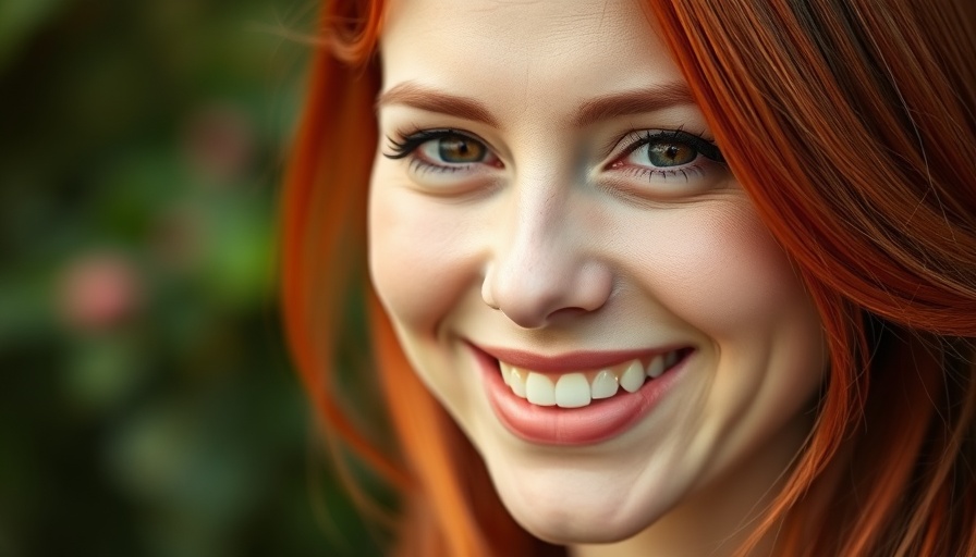 Smiling woman outdoors, vibrant red hair, natural setting.