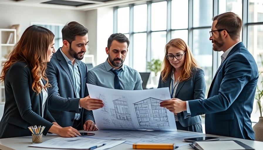 Team analyzing blueprints in modern office for bridging loans.