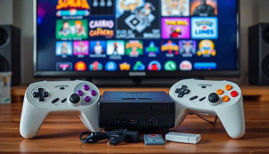 Affordable retro gaming console with accessories and TV display.