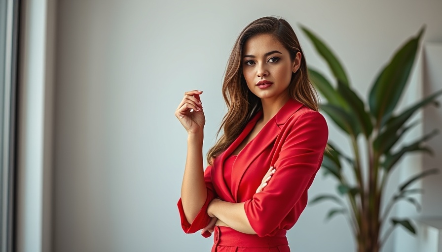 Confident woman in red on Inc. magazine cover, modern setting.