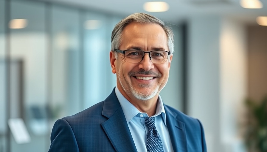 Businessman in a suit smiling in an office setting.