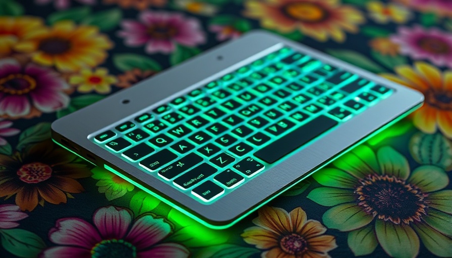 Sleek portable keyboard glowing green on a floral surface.
