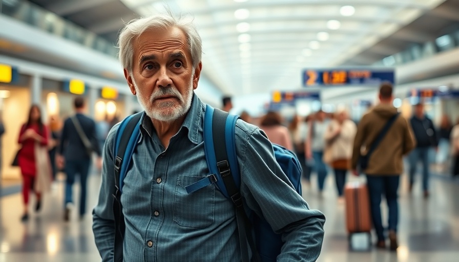 Elderly solo traveler navigating airport, focus on airline pricing for solo travelers.