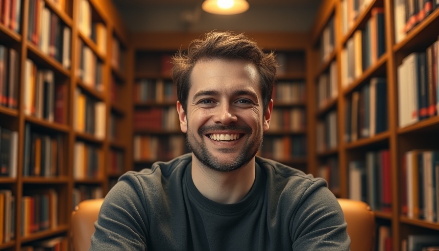Smiling man in a library, rich wooden background, natural light.