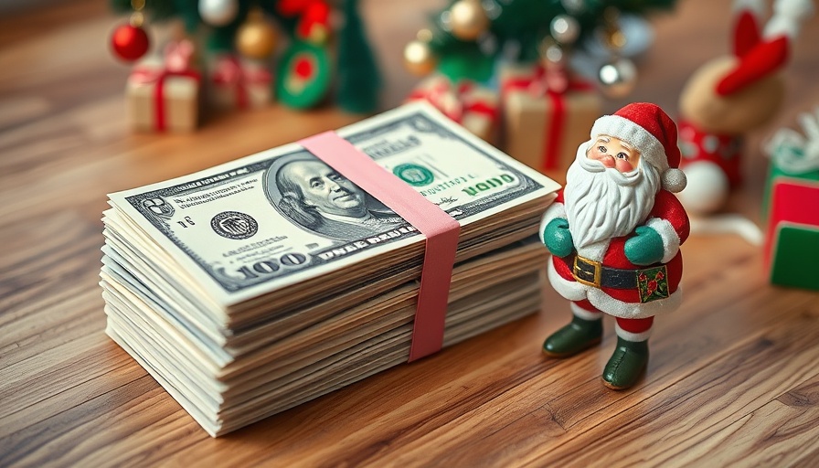 Festive Christmas savings concept with dollar bills and beach Santa.
