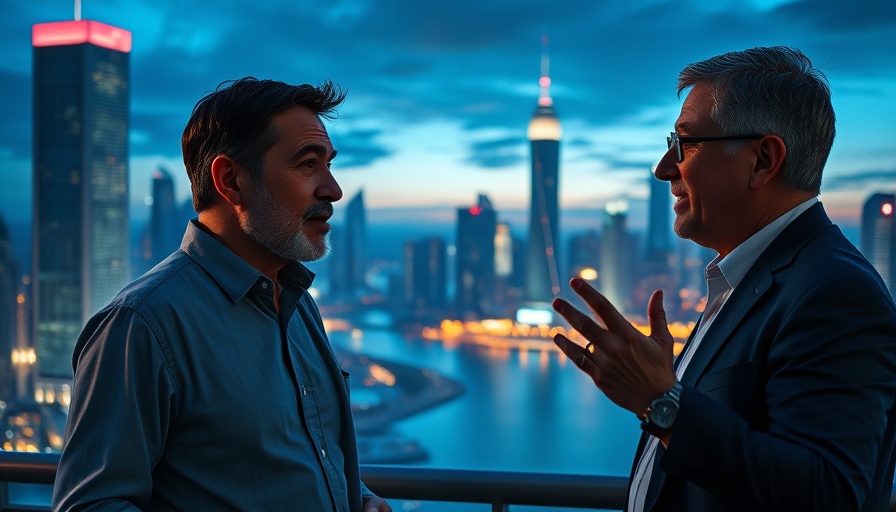 Men discussing in futuristic city, Israel Hamas hostage negotiations context.