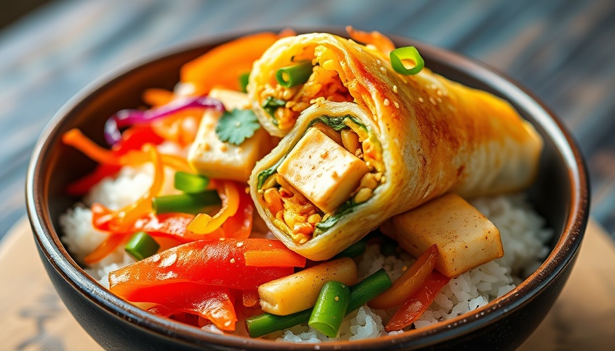 Vibrant veggie egg roll in a bowl with rice and sesame garnish.