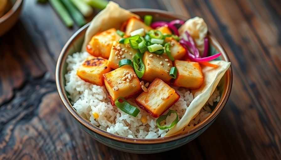 Vibrant veggie egg roll in a bowl with rice, tofu, sesame, and onions.