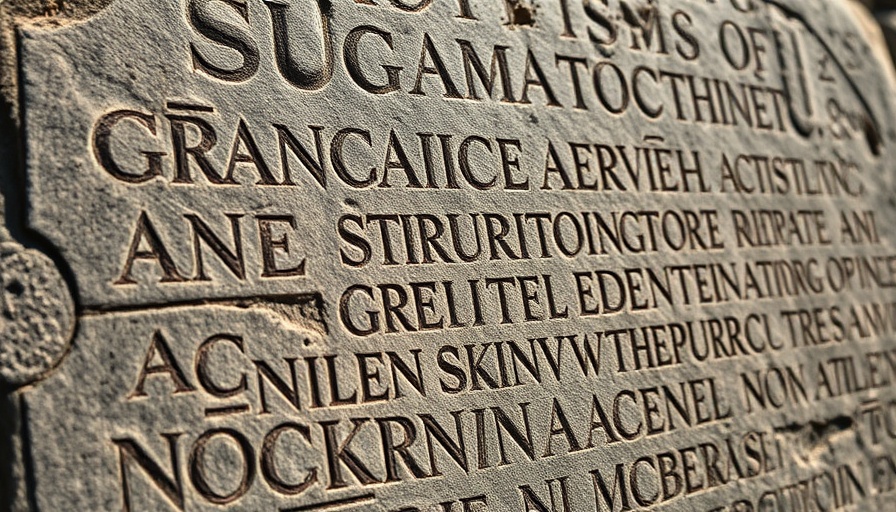 Ancient Roman inscriptions on weathered stone, AI transformations like Aeneas