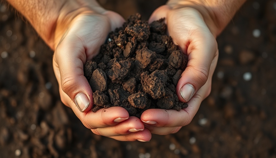 Close-up of hands holding rich soil, highlighting texture.