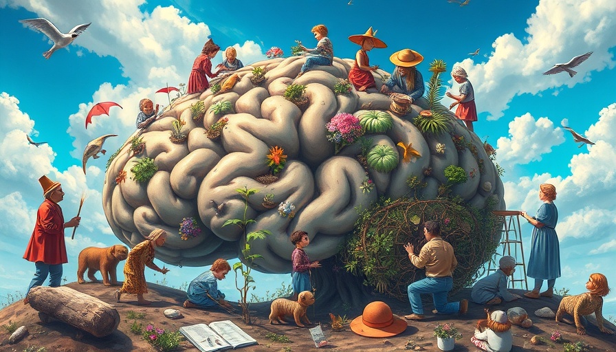 Artistic depiction of a brain-garden with figures tending it; Church in a Time of Brain Rot.