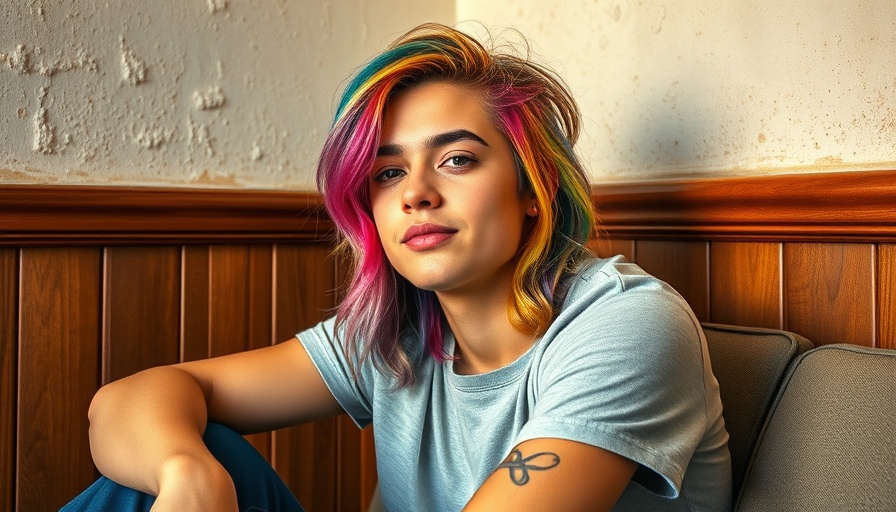 Colorful-haired person sitting indoors with a relaxed expression.